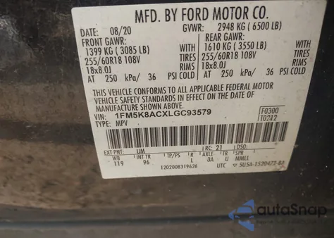 2020 Ford Explorer z USA, uszkodzony, nr VIN 1FM5K8ACXLGC93579